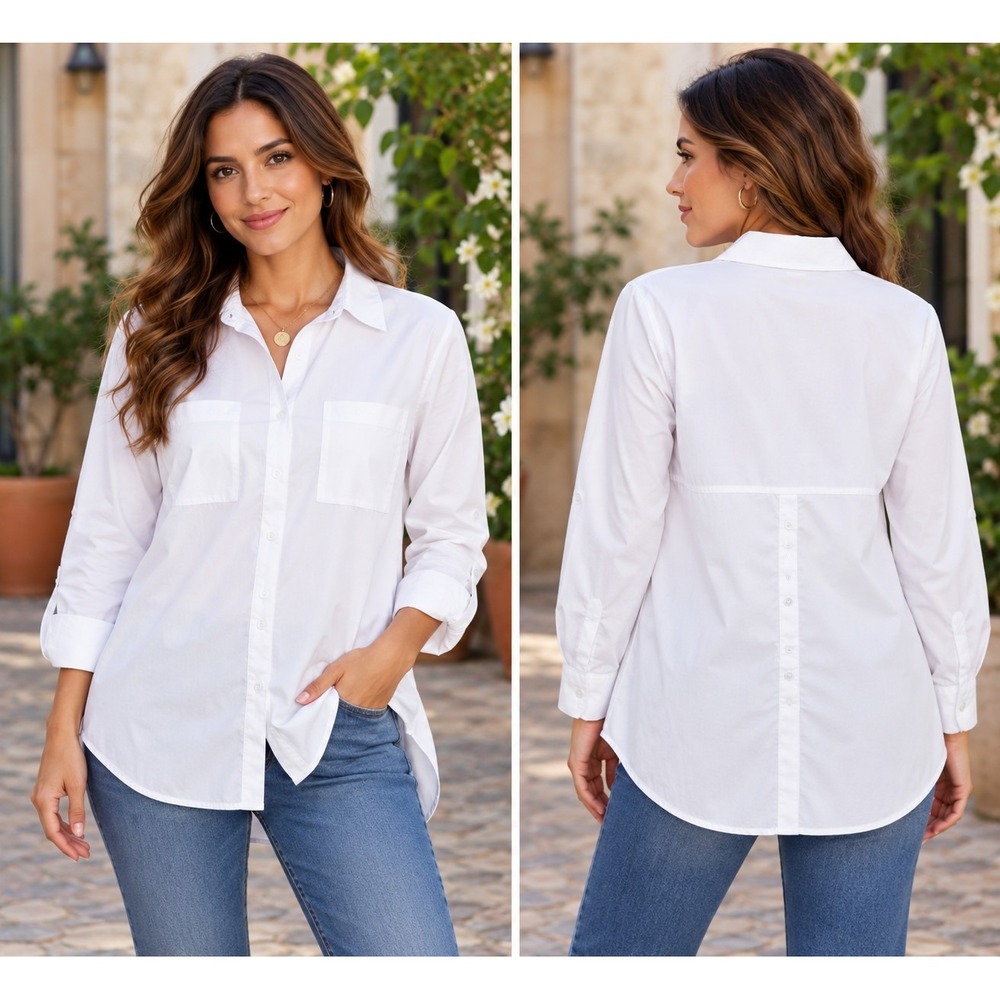 Cato 14/16W White Button Down Shirt Roll Tab Sleeve High Low Plus Size Minimalis